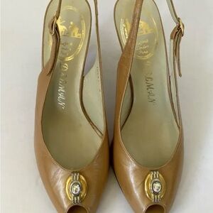 Vintage 1970s Delman Leather Slingback Heels Peep Toe Size 6